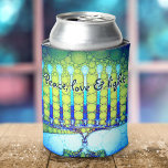 Blue Green Hanukkah Menorah Peace Love Light Artsy<br><div class="desc">“Peace love and light.” Add extra sparkle to the holiday season with this colourful, custom Hanukkah can cooler! A playful, artsy illustration of blue menorah candles with colourful faux foil patterns and modern typography overlay a turquoise gradient to white textured background. Personalise with your name. Feel the warmth and joy...</div>