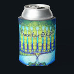 Blue Green Hanukkah Menorah Peace Love Light Quote Can Cooler<br><div class="desc">“Peace love and light.” Add extra sparkle to the holiday season with this colourful, custom Hanukkah can cooler! A playful, artsy illustration of blue menorah candles with colourful faux foil patterns and modern typography overlay a turquoise gradient to white textured background. Personalise with your name. Feel the warmth and joy...</div>