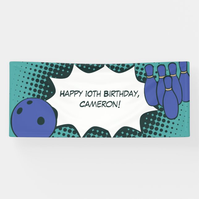 Blue-Green Happy 10th Birthday Bowling Party Banner (Horizontal)