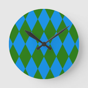 Blue Green Harlequin Checkered Design  Round Clock