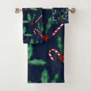 Blue Green Holly Leaves Red Berries Candy Cane Bath Towel Set