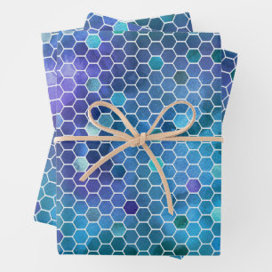 Blue Green Honeycomb Pattern Wrapping Paper Sheet