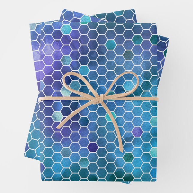 Blue Green Honeycomb Pattern Wrapping Paper Sheet (In situ)