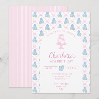 Blue Green Hydrangea Pink Bow Trellis Invitation