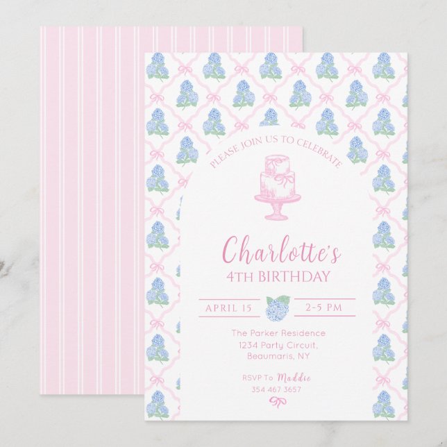 Blue Green Hydrangea Pink Bow Trellis Invitation (Front/Back)