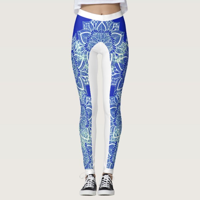 Blue Green Ice Mandala Leggings (Front)