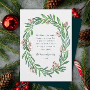 Blue Green Illustrated Floral Wreath Photo Holiday Card