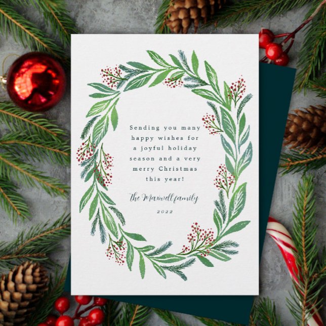 Blue Green Illustrated Floral Wreath Photo Holiday Card (elegant illustrated Christmas pine and holly berry wreath with personalized text and photo card)