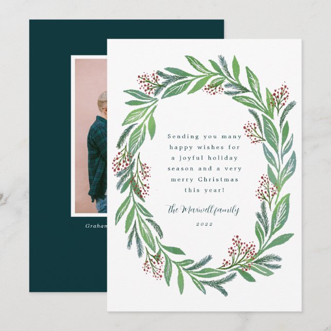 Blue Green Illustrated Floral Wreath Photo Holiday Card (Front/Back)