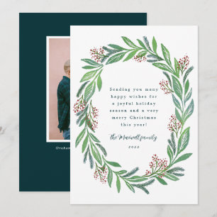 Blue Green Illustrated Floral Wreath Photo Holiday Card