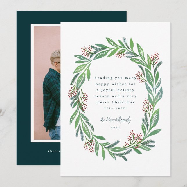 Blue Green Illustrated Floral Wreath Photo Holiday Invitation (Front/Back)
