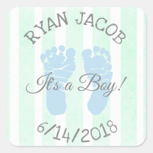 Blue Green Its a Boy Footprints Baby Shower Square Sticker
