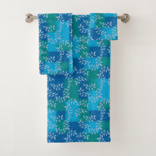 Blue Green Ivy Leaf Watercolor Bath Towel Set
