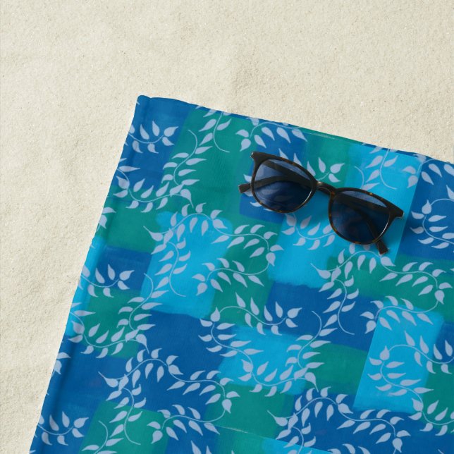 Blue Green Ivy Leaf Watercolor Beach Towel (In Situ)