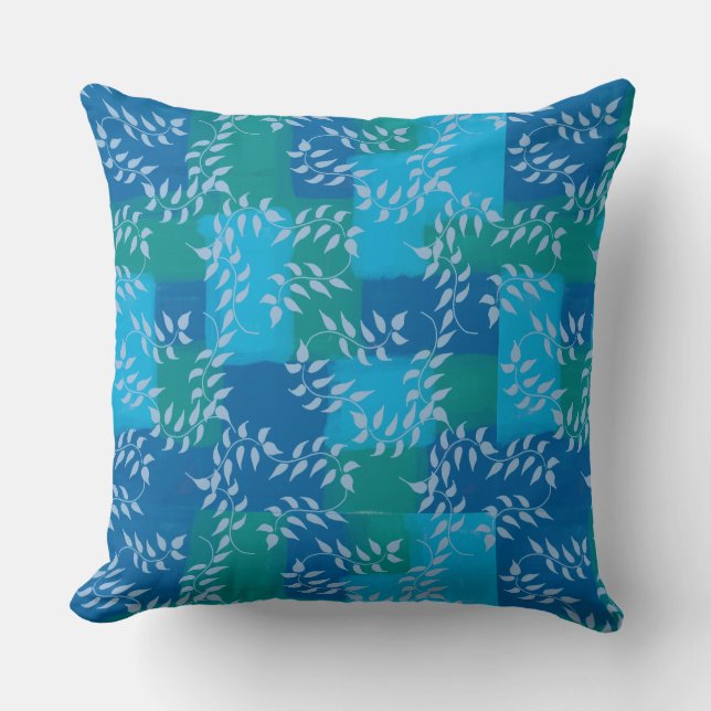 Blue Green Ivy Leaf Watercolor Cushion (Front)