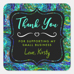 Blue Green Jewel Tone Mosaic Glass Small Business Square Sticker