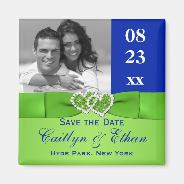 Blue, Green Joined Hearts Save the Date Magnet (Front)