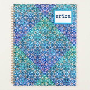 Blue Green Kaleidoscope Pattern Boho Name Planner