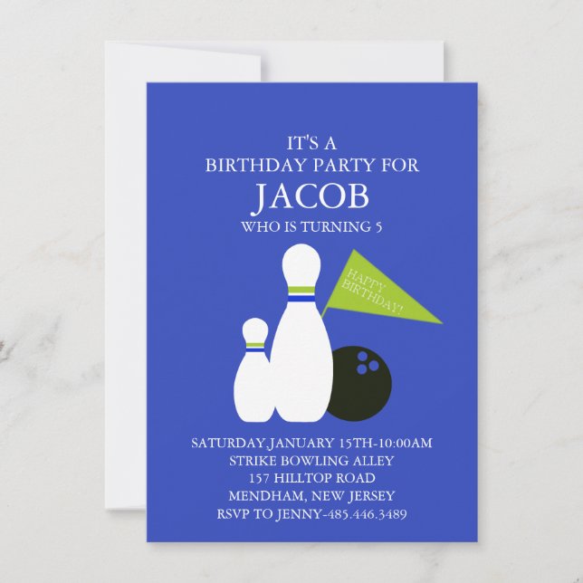 Blue & Green Kids Bowling Party Birthday Invite (Front)