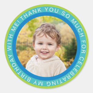 Blue Green Kids Photo Birthday Thank You Classic Round Sticker