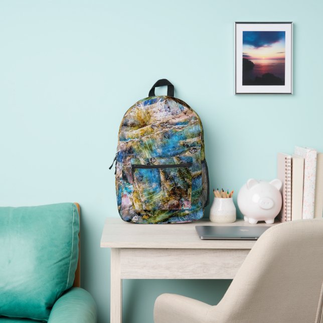 Blue Green Labradorite Gemstone Printed Backpack (Insitu)
