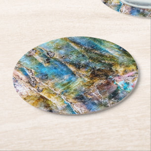 Blue Green Labradorite Gemstone Round Paper Coaster