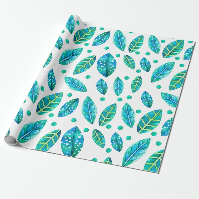 Blue -Green Leafs Seamless Pattern Wrapping Paper (Unrolled)
