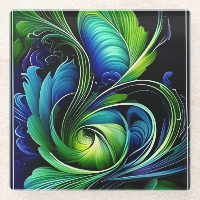 Blue Green Leafy abstract  Glass Coaster (Front)