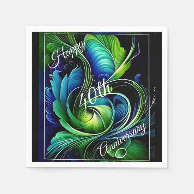 Blue Green Leafy abstract Happy Anniversary Napkin (Front)