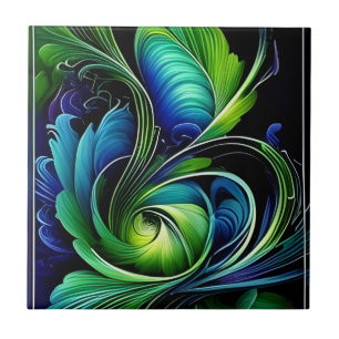 Blue Green Leafy abstract Tile