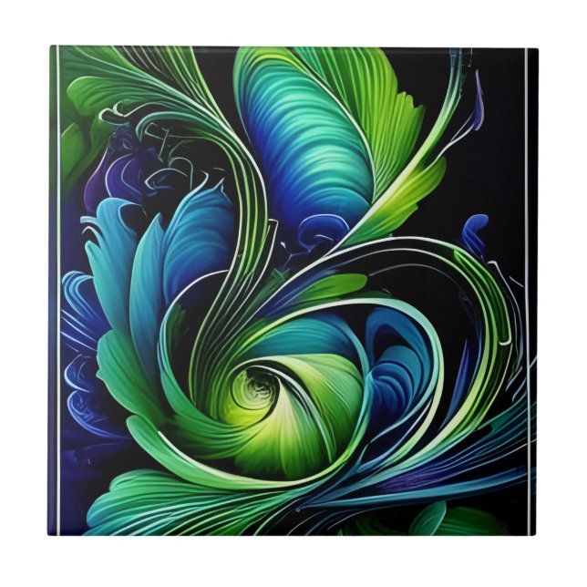 Blue Green Leafy abstract Tile (Front)