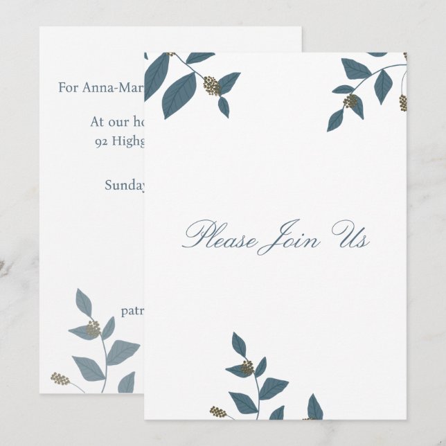 Blue Green Leaves and Light Berries Invitation (Front/Back)