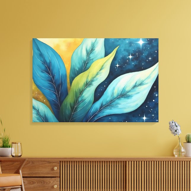 Blue Green Leaves Golden Sun and Stars Canvas Print (Insitu(LivingRoom))