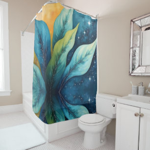 Blue Green Leaves Golden Sun and Stars Shower Curtain