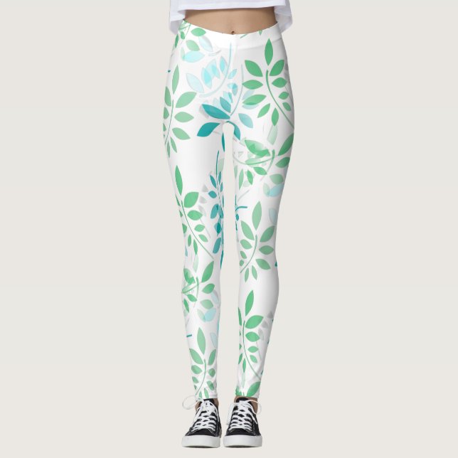 Blue Green Leaves Leggings (Front)