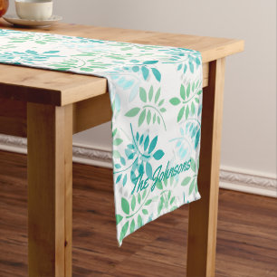 Blue Green Leaves Long Table Runner