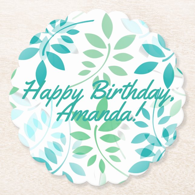 Blue Green Leaves Paper Coaster (Front)