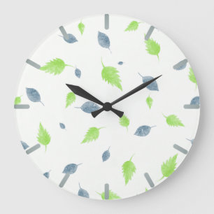 Blue & Green Leaves Pattern  Large Clock