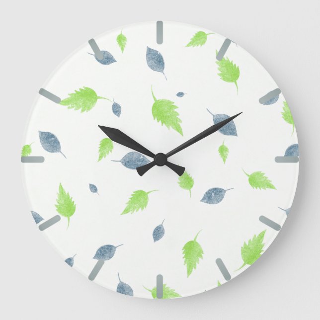 Blue & Green Leaves Pattern  Large Clock (Front)