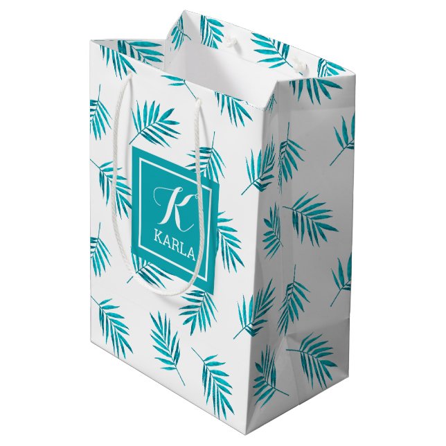 Blue-green leaves pattern medium gift bag (Back Angled)