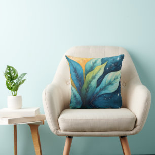 Blue Green Leaves Sun and Stars Cushion