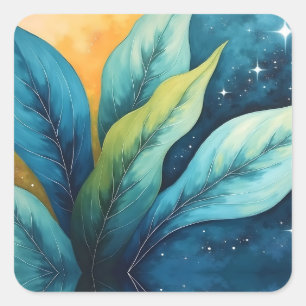 Blue Green Leaves Sun and Stars Square Sticker