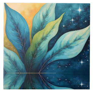 Blue Green Leaves Sun and Stars Tile