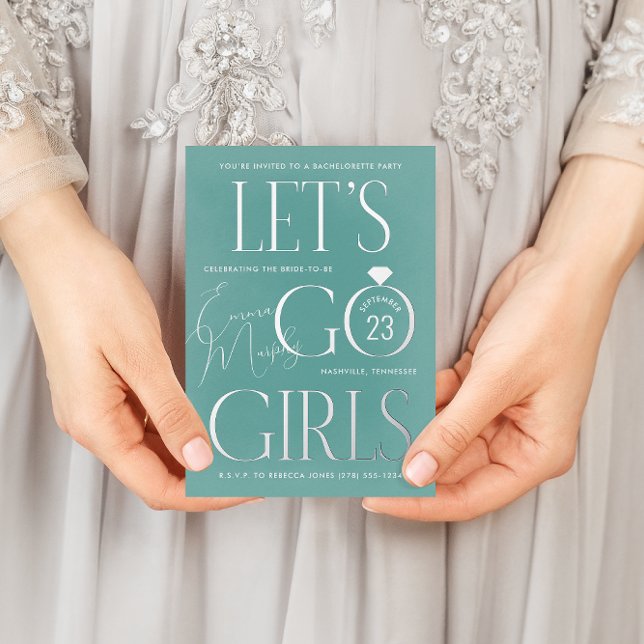 Blue Green Lets Go Girls Bachelorette Party (Teal and silver gold foil Let's Go Girls country western bachelorette party invitation)
