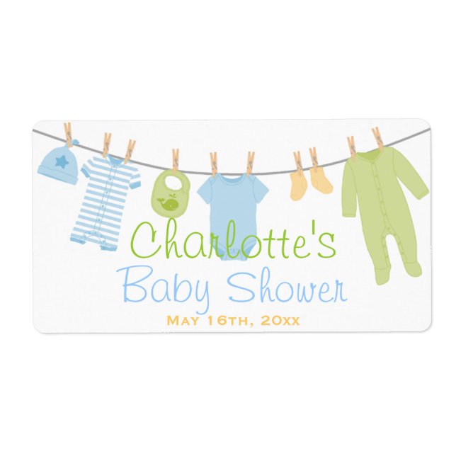 Blue & Green Lil Clothes Baby Shower Water Bottle (Front)