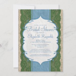 Blue Green Linen Burlap Lace Bridal Shower Invites