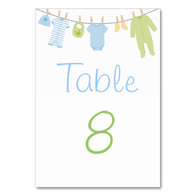 Blue & Green Little Clothes Baby Shower Table Card (Front)