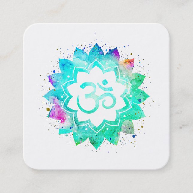 ~* Blue Green Lotus Flower Mandala Om Aum Symbol Square Business Card (Front)