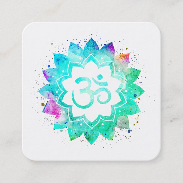 ~* Blue Green Lotus Flower Mandala Om Aum Symbol Square Business Card (Front)