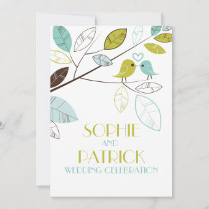 Blue & Green Lovebirds & Leaves Wedding Invitation